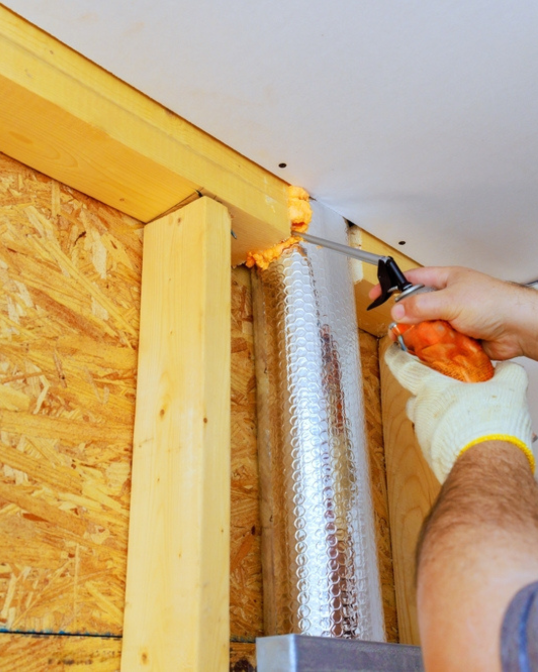 Home air sealing on wood and pipe inside house